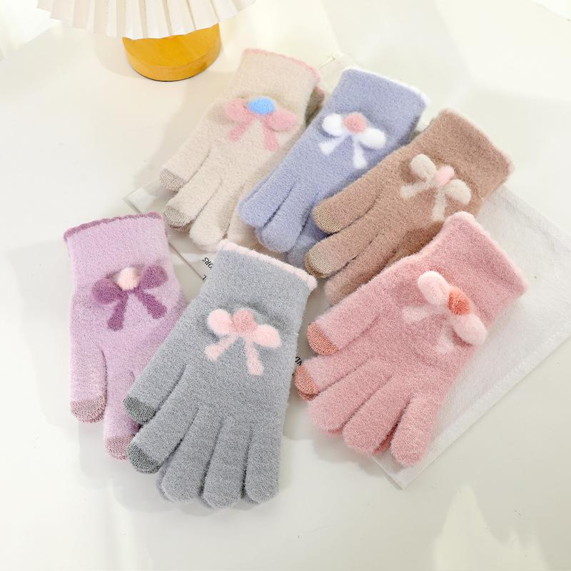 Gestrickte Handschuhe, Damen Herbst und Winter Wolle, warme fünf Finger, niedliche Studenten, die im Winter fahren, neue Schleifen