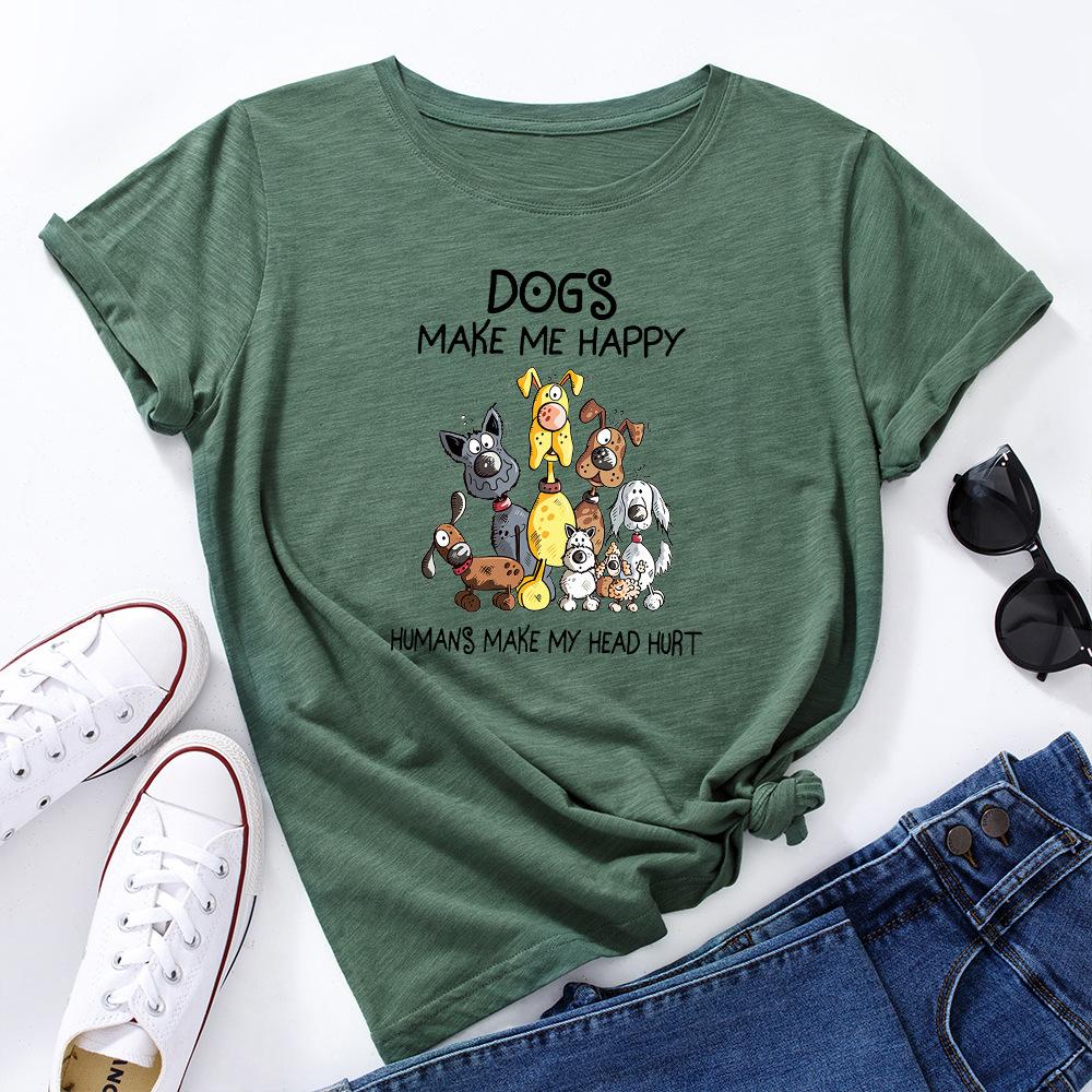 Dogs Make Me Happy Cotton T-Shirt Short Sleeve Round Neck Women 2d Print Tops