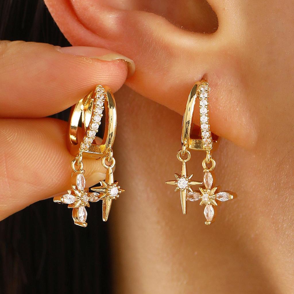 European and American Asymmetrical Star & Moon Earrings Set: Fashion Zircon Studs & Ear Cuffs