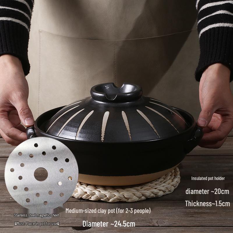 Japanse Keramische Kleipot: Multi-Use Stoofpot, Rijstkoker, Gas- en Inductiekookplaat - Kleine Maat Steen en Platte Pan voor Soepen.