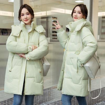Bequemer und modischer langer Daunenmantel aus Baumwolle im koreanischen Stil in Übergröße mit Kapuze und großen Taschen