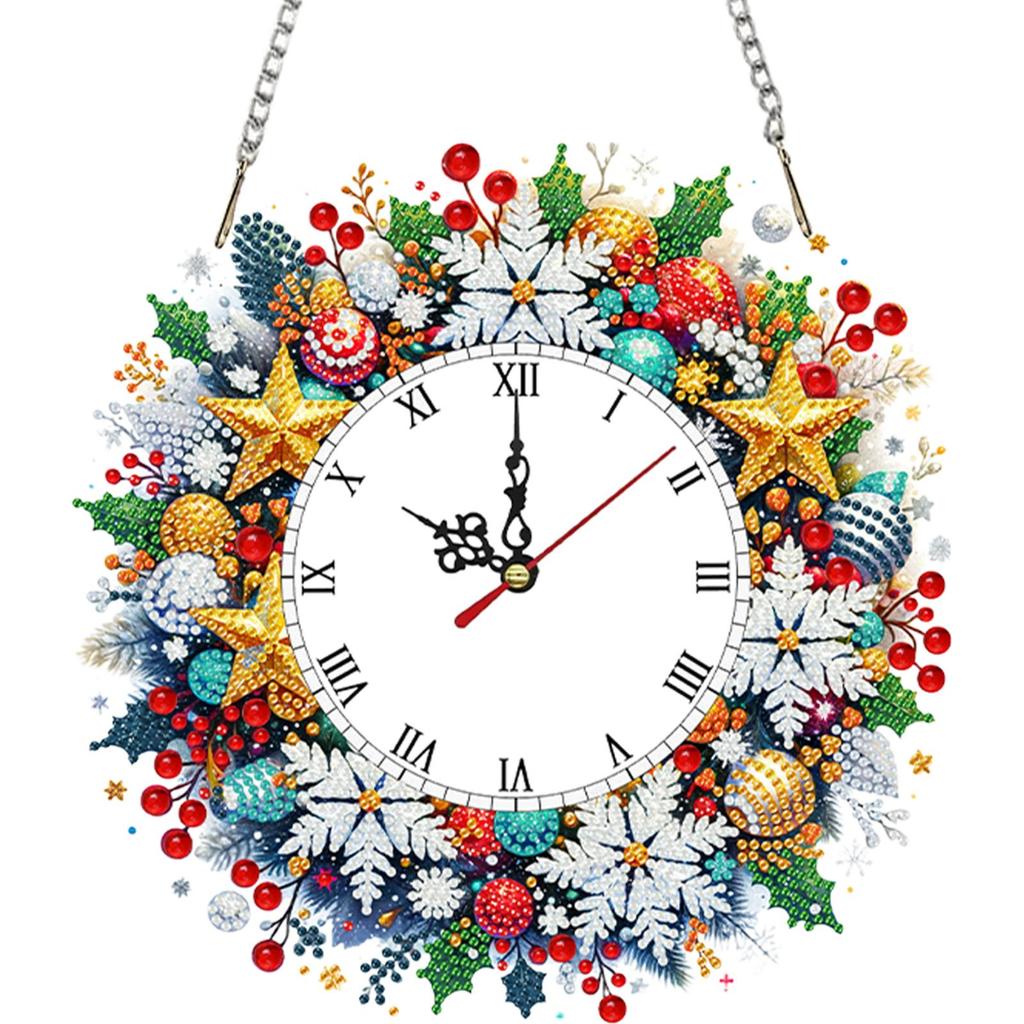 2D/Flat DIY Christmas Acrylic Diamond Painting Ornament with Clock Function Diamond Painting Clock Pendant for Home Decoration