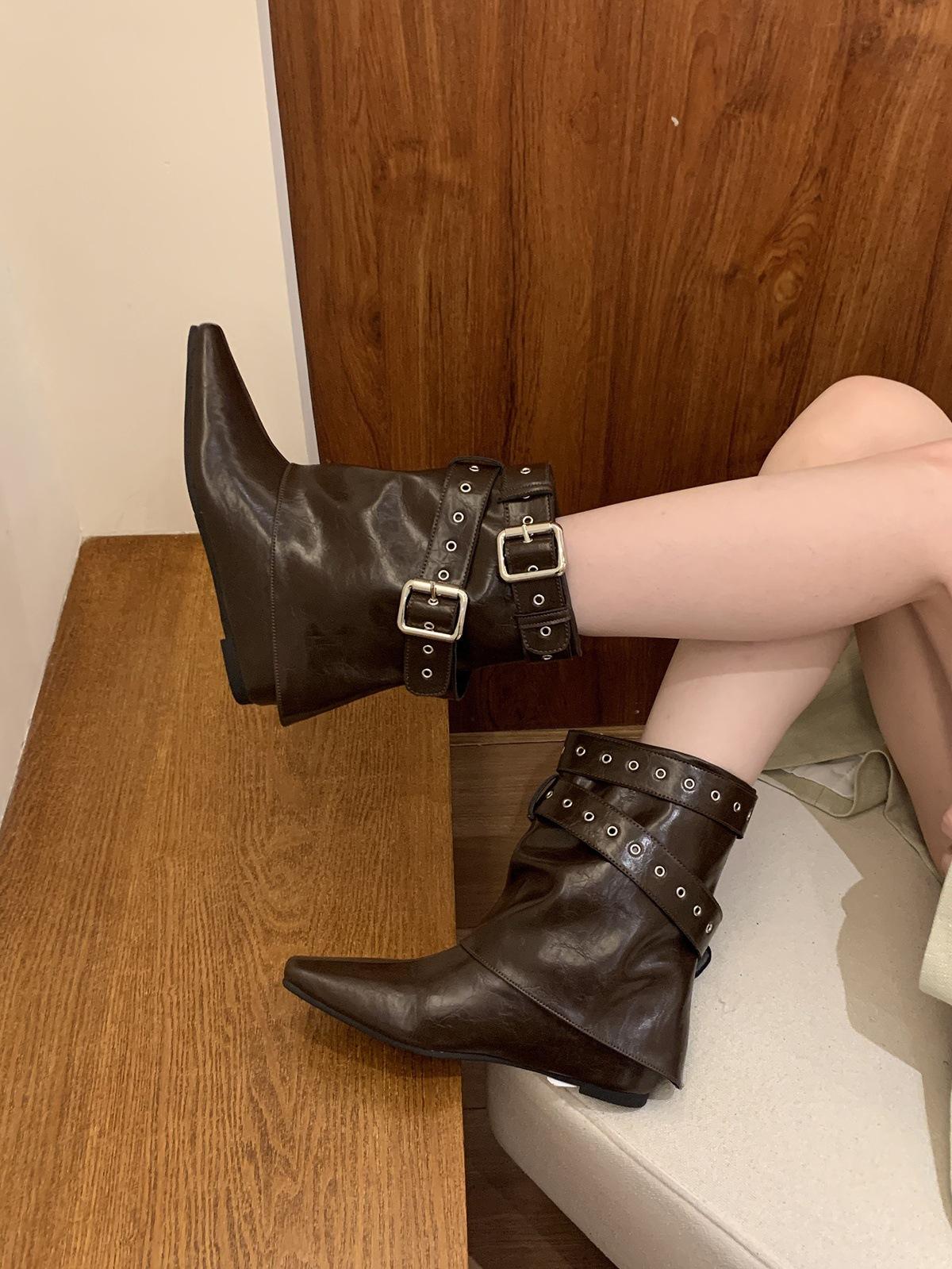 

Inner Height Increasing Brown Pile Medium Boots Women s Boots Season Pointed Skinny Pants Knight Boots 39 коричневий