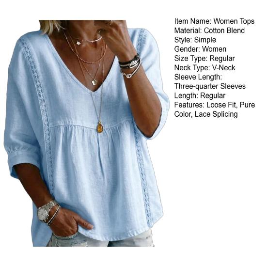 Women Tops V Neck 46085 Sleeves Pure Color Lace Splicing Design