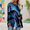 Women Plus Size Round Neck Long Sleeve Colorful Striped Printed Cyan Loose Blouse High Low Hem