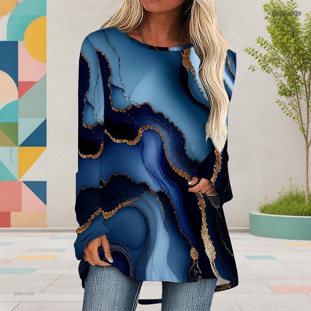 Women Plus Size Round Neck Long Sleeve Colorful Striped Printed Cyan Loose Blouse High Low Hem