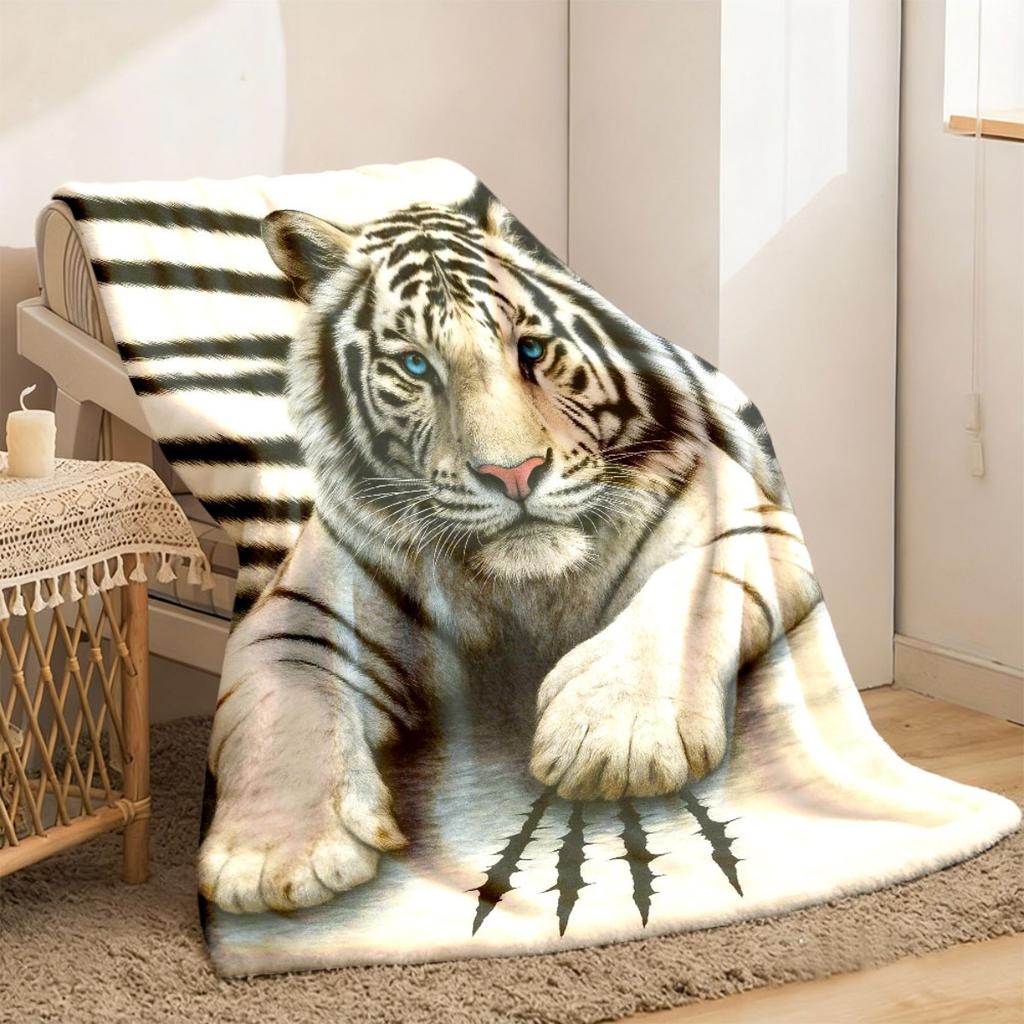 White Tiger Print Flannel Blanket Square Gift Blanket Soft And Comfortable Suitable for Adults at Home Picnic Travel