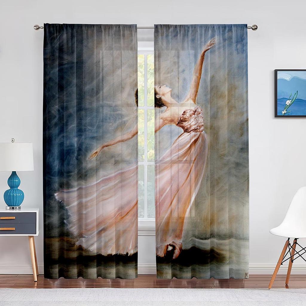 Retro Ballerina Dancing Classic Performance Tulle Curtain for Living Room Decoration Chiffon Sheer Voile Kitchen Bedroom Curtain