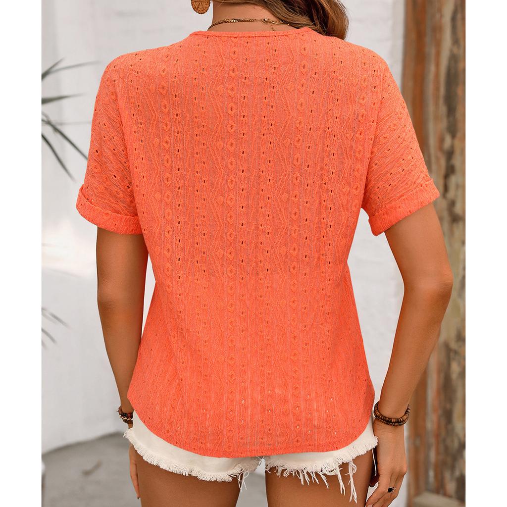 Summer Women's Plus Size Broken Crochet Hollow Decorative Button V-Neck Short Sleeve T-Shirt Top