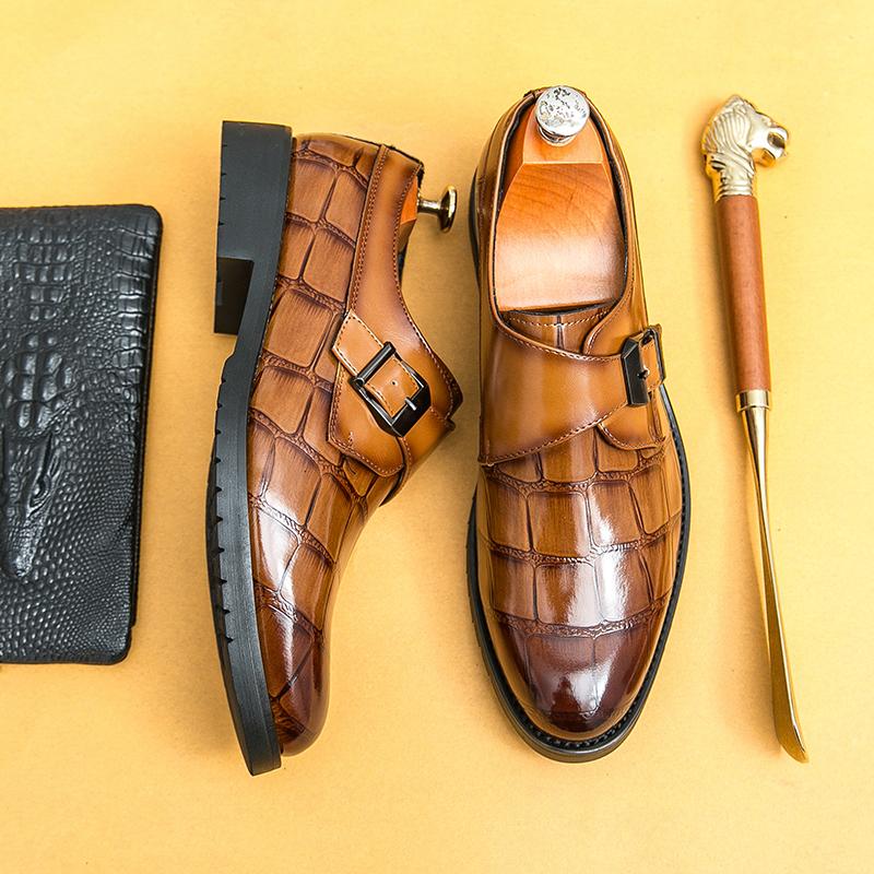 Fashion Men Retro Loafers PU Thick Sole Wear-resistant Side Buckle Leather Shoes Casual Business Fashion Formal Shoes 38-46 Men Shoes