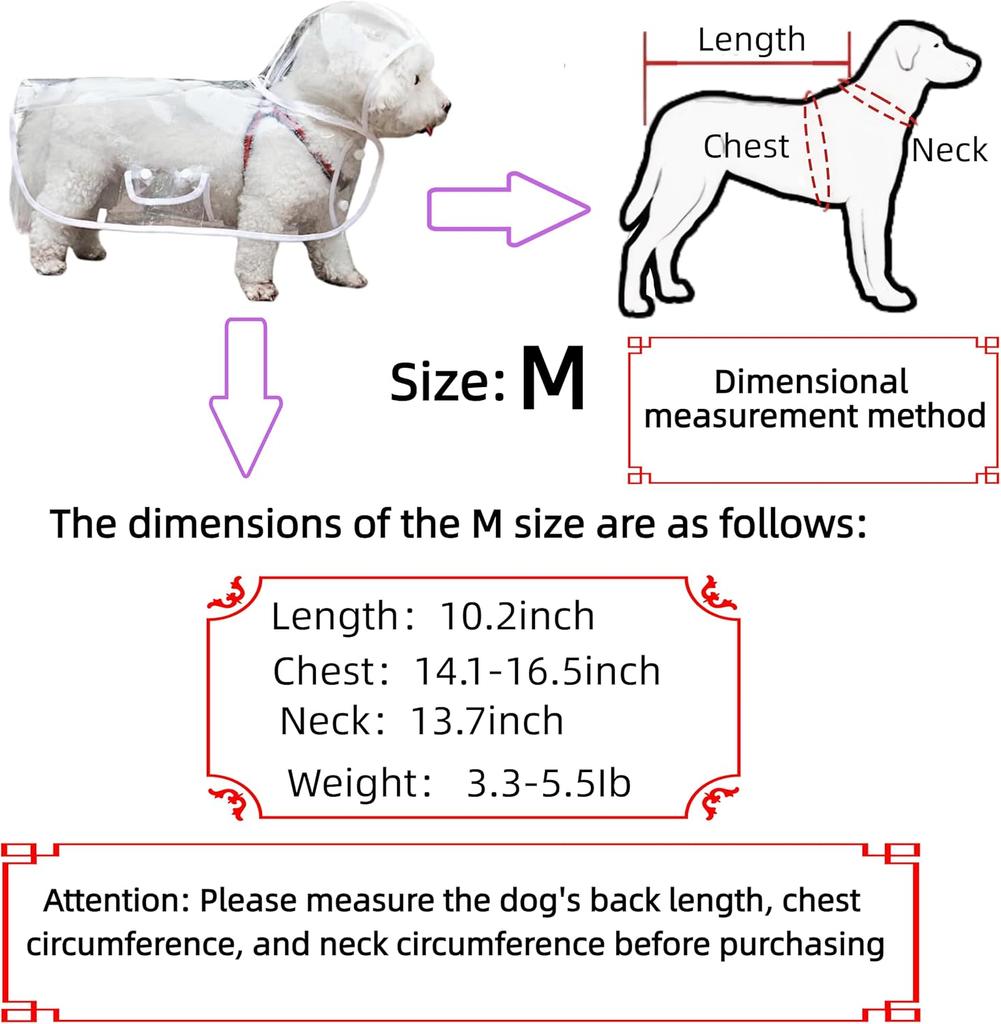 Clear Dog Rain Poncho for Small/Medium Dogs Heavy Waterproof Hidden Leash Hole Adjustable Snaps Anti-adhesive Hair Design Double
