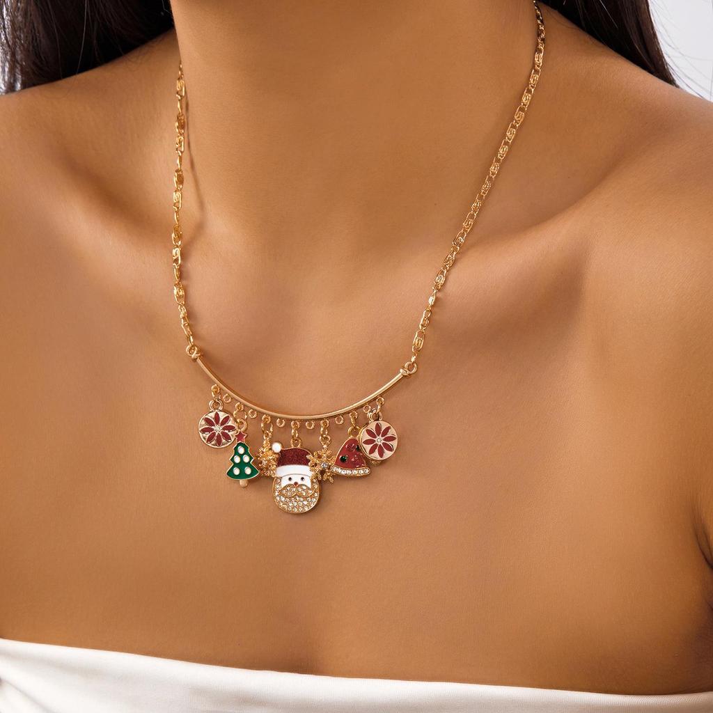 Cross-border Christmas Series Diamond-studded Tree & Santa Snowflake Pendant Alloy Necklace