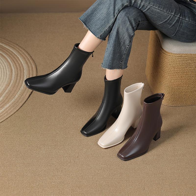 thick heel square head thin boots women's medium tube fashion simple temperament rear zipper autumn and winter new French soft leather Martin boots