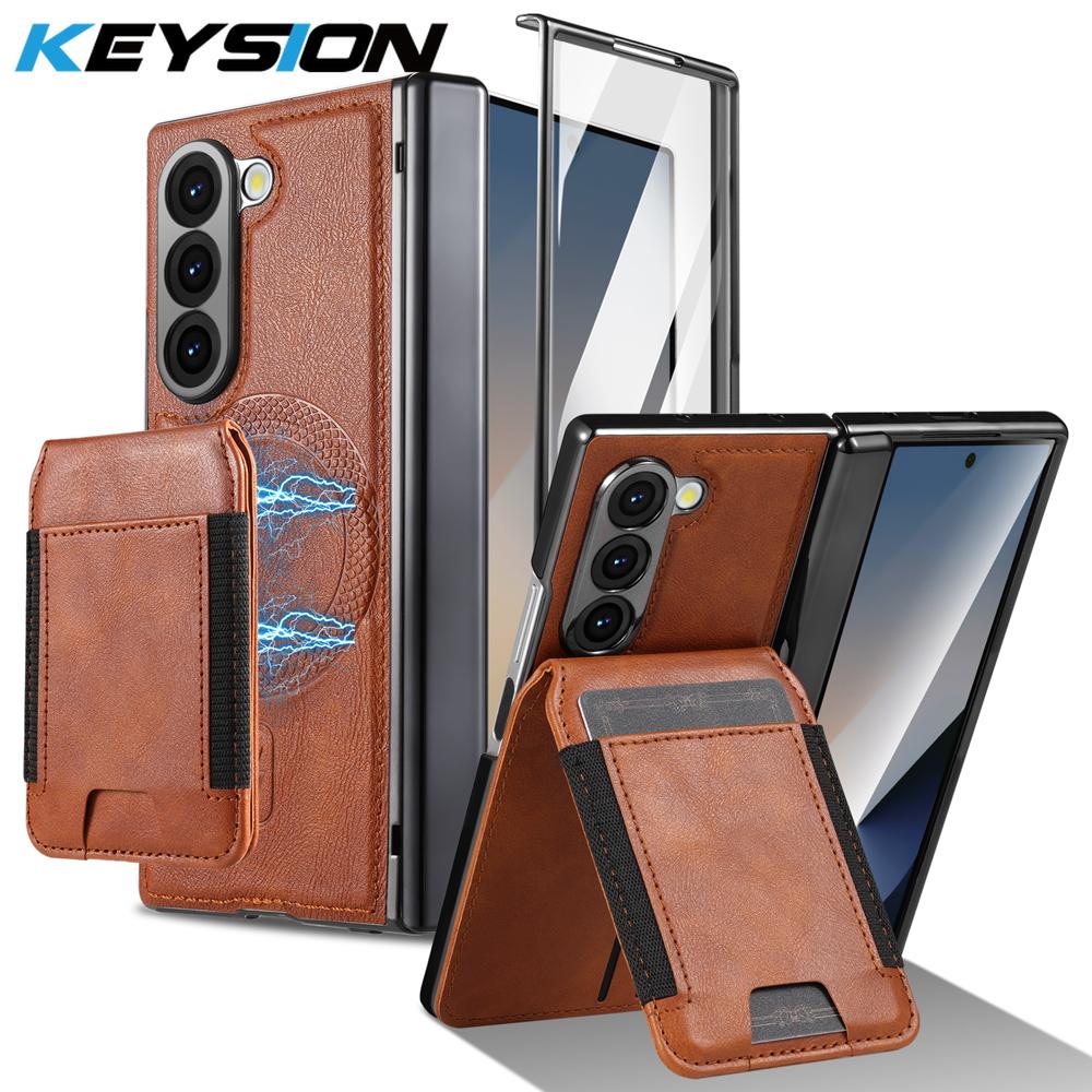 KEYSION PU Leather Phone Case for Samsung Galaxy Z Fold 7 6 5 4 3 Shockproof Cover With Magnetic Card Holder Bag Hinge Screen Protector