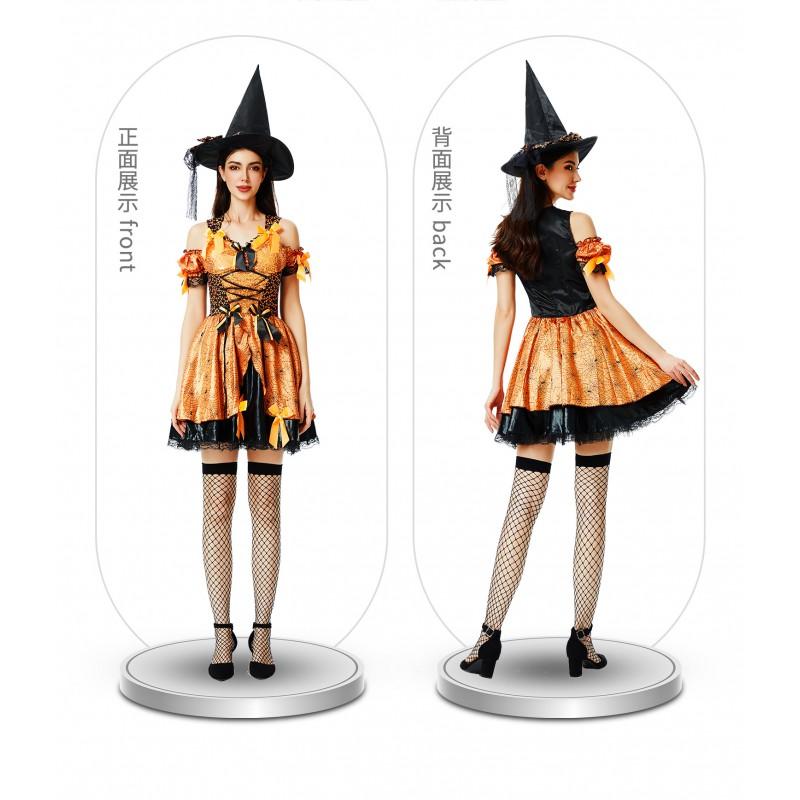 Witch Costume Women Halloween Cosplay Dress Set Sexy Gothic Party Outfit Pumpkin Theme Role Play