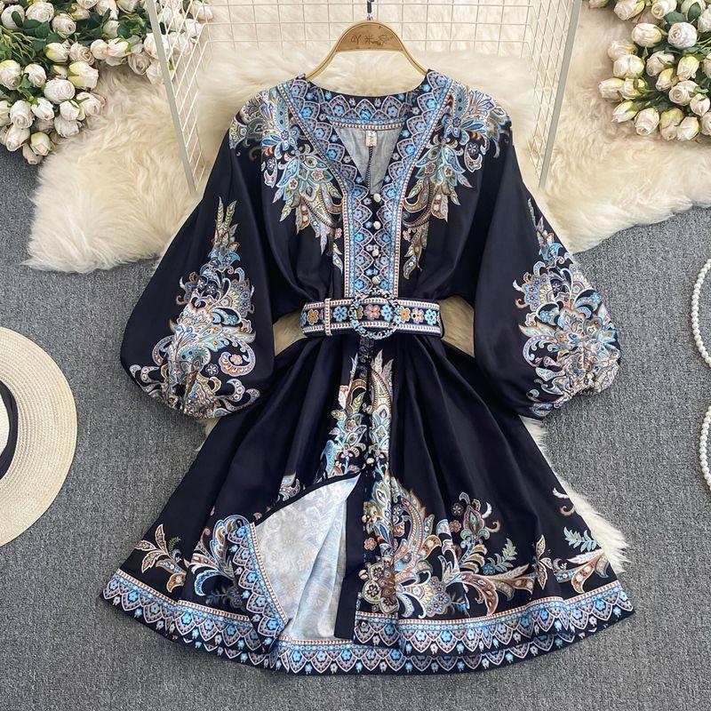 

Retro Lantern Sleeve Positioning Print Beach Dress Black 2XL