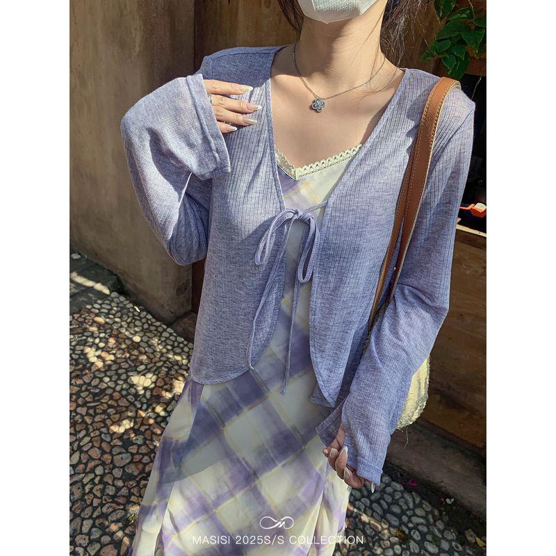 Maxi Plus-Size Women s Light Purple Plaid Strap Dress, Summer Loose-Fitting Slimming Waist-Cinching Dress for Plus-Size Women Lilac Blouse (Second Batch) M
