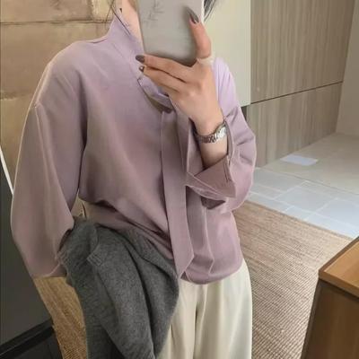 Chemise pour femme ample à col montant et cravate ruban - Style coréen début d'automne