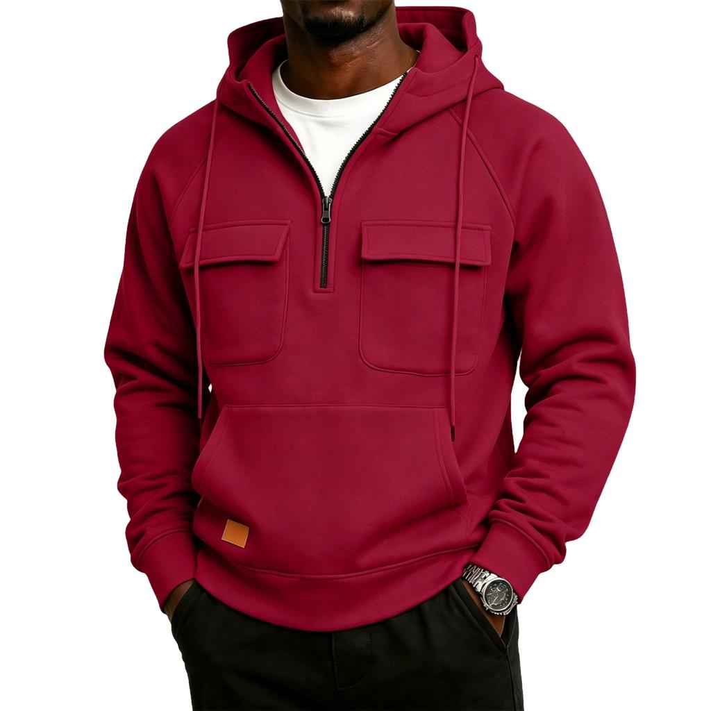 Men's Casual Hooded Zip-Up Sweatshirt with Loose Fit, Stand Collar and Multiple Pockets for Fall Winter