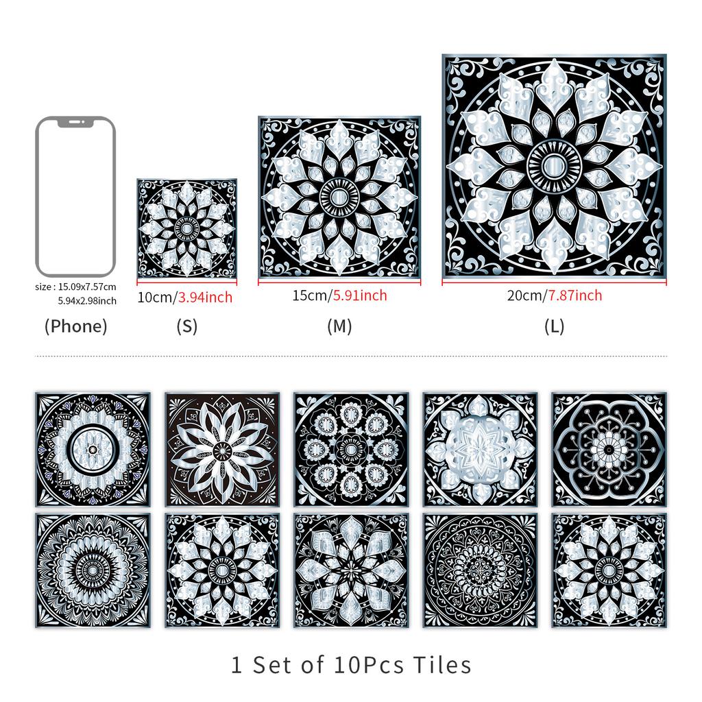 10 Pieces Of Mandala Flower Brick Self-Adhesive Wall Sticker Waterproof Oil-Proof Kitchen Living Room Wall Decoration European Crystal Tile Sticker