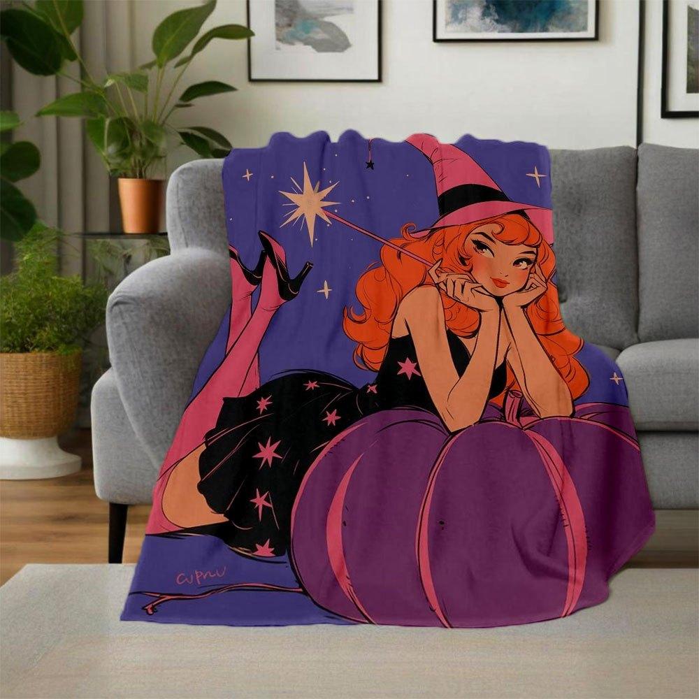 Halloween Witch with Pumpkin Illustration Art PrintBlanket Flannel Throw Blanket for Sofa, Bed, Travel, Camping, Office, Couch, Chair