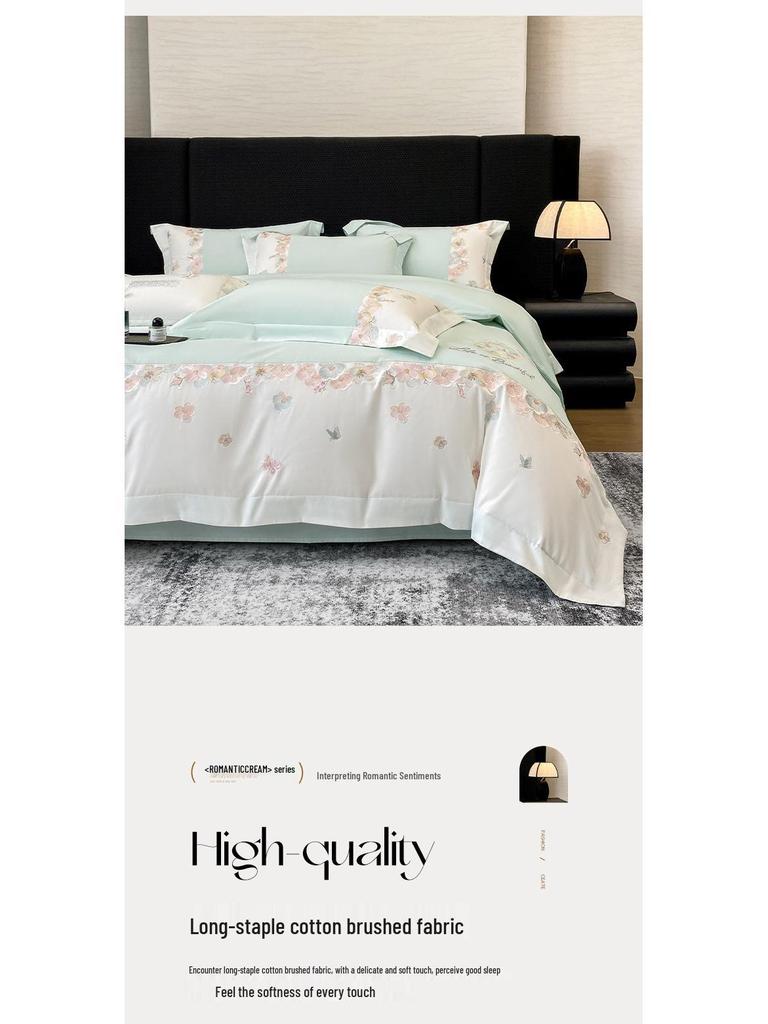 100% Cotton Long-Staple Flannel Embroidery 4-Piece Bedding Set - Mother & Baby Grade, All-Season