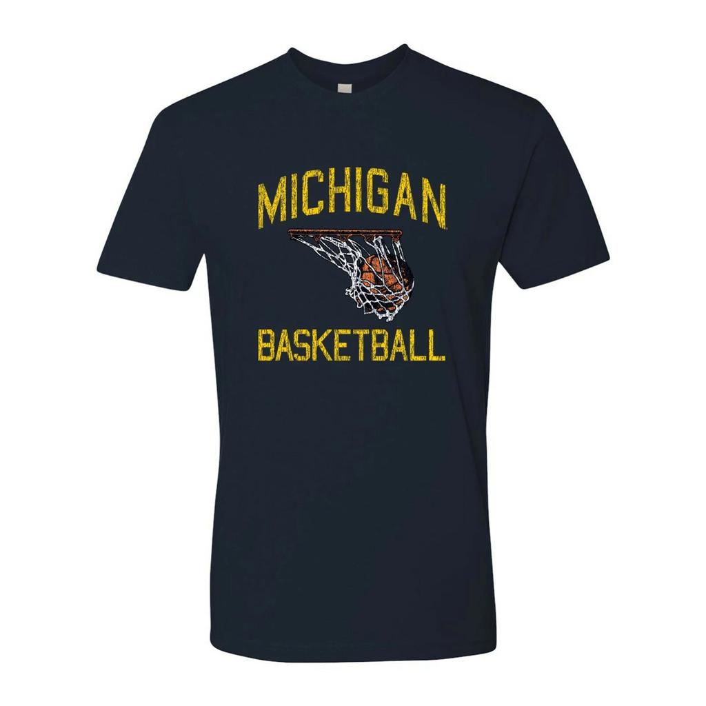 Michigan Wolverines Faded Retro Basketball T-Shirt Premium Cotton - Navy