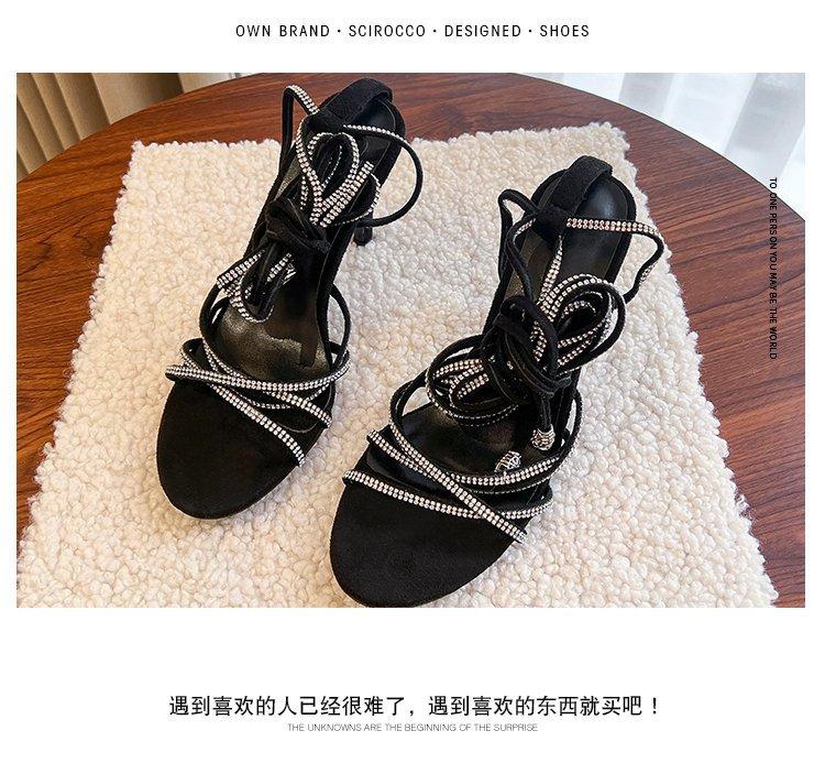 

Foreign Trade 2025 Rhinestone Cross Strap High Heel Sandals Open Toe Large Size European and American Fashion Sexy European and American Style 43 чёрный
