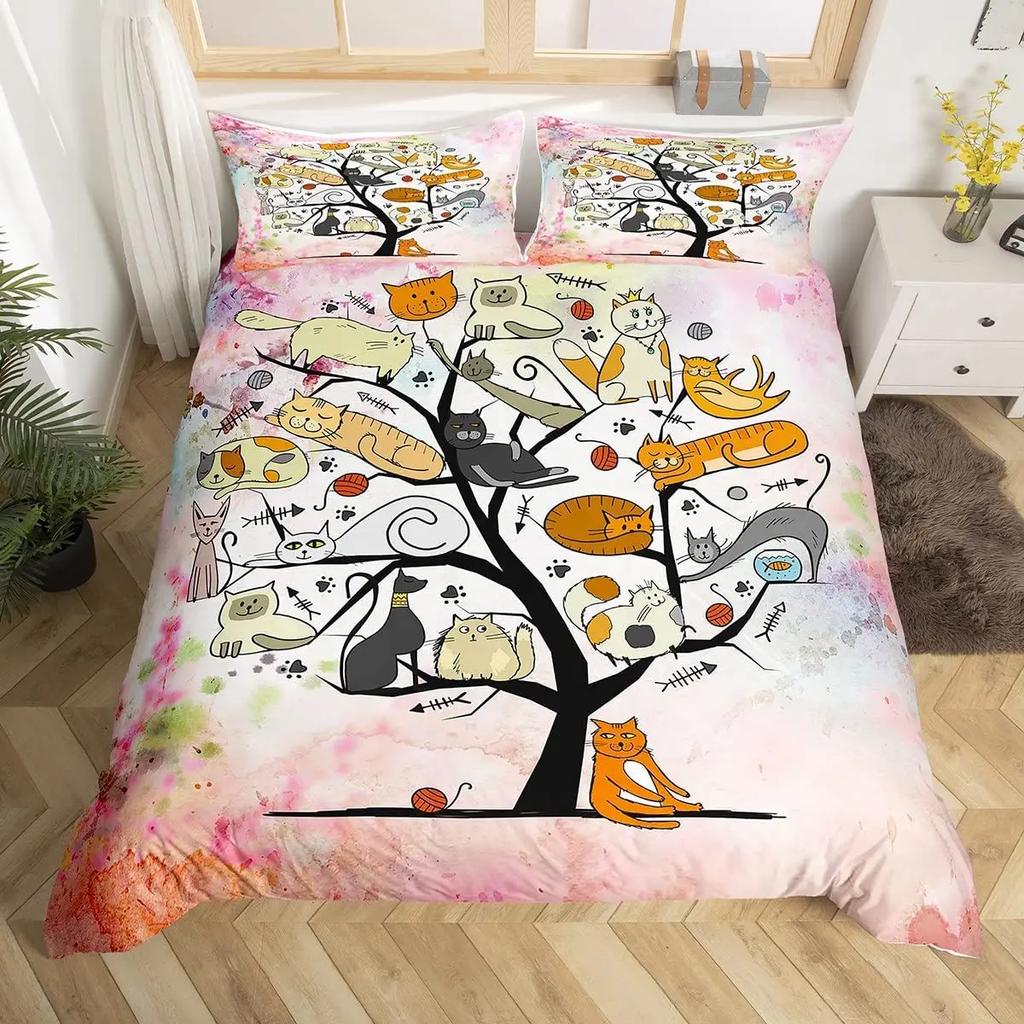 Carton Cat Soft Duvet Cover Set for Children Kids Girl Microfiber Kiten 2/3pcs Carton Animal Beding Set Single Twin Quen King Comfortable Quilt Cover