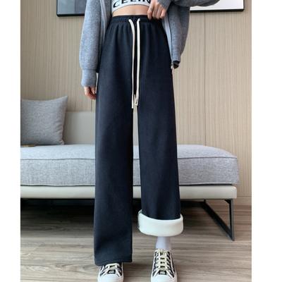 Autumn Winter Plush High Waisted Drape Loose Slim Corduroy Wide Leg Women's Straight Tube Mop Casual Pants
