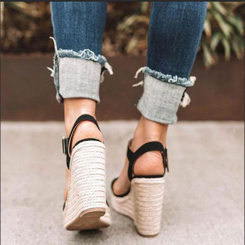 Elegant Summer Hemp Ladies Peep Toe Rope Wedge Sandals With Buckle Ankle Strap