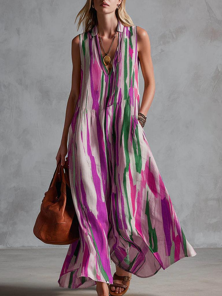 Women's Fashion Color Striped Sleeveless Deep V-Neck Off-Shoulder Dress