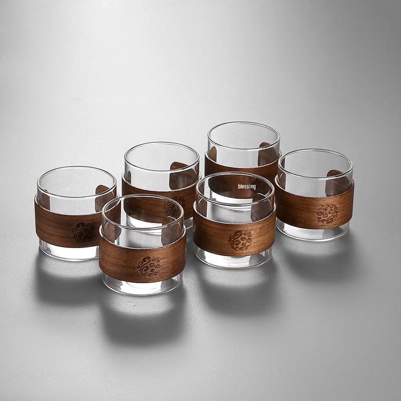 Walnut Wood Anti-Scald Glass Teacup - Japanese Kung Fu Master Tea Set for Home Use
