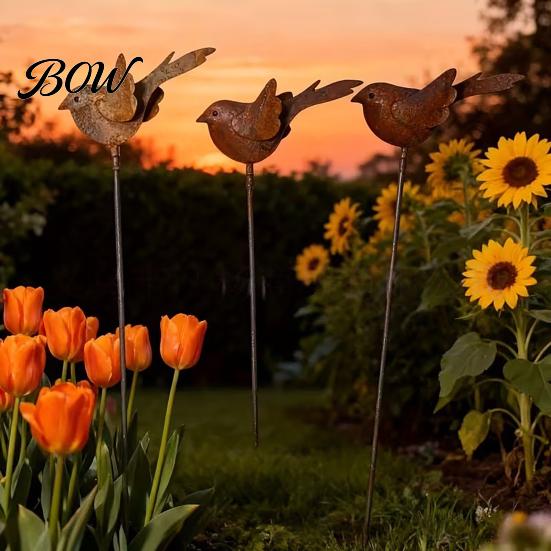Decorative Yard Stakes 3PCS Rusty Metal Bird Ground Stake, Cute Birds Sculpture, Animals Landscaping Decor Garden Stake for Outdoor Decor, Gifts