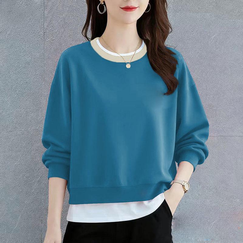 Spring and Autumn New Women's Round Neck Sweatshirts Loose Design Niche Fake Two-Piece Tops