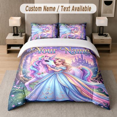 Juego de Ropa de Cama de 3 Piezas con Tema de Unicornio, Texto o Nombre Personalizado, 1 Sábana Plana y 2 Fundas de Almohada, Ropa de Cama Personalizada para el Hogar