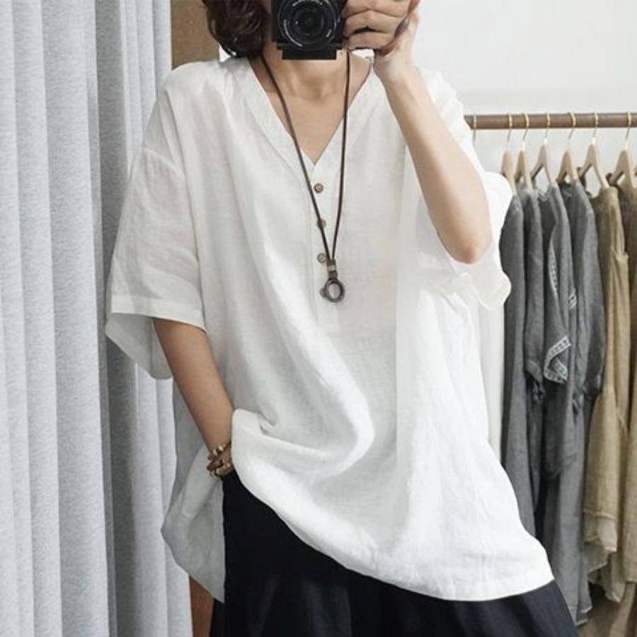 V-neck Oversized Loose Casual Imitation Cotton Linen Shirt with Half Sleeves Summer Slimming Fat Korean Version Blouses Shirts