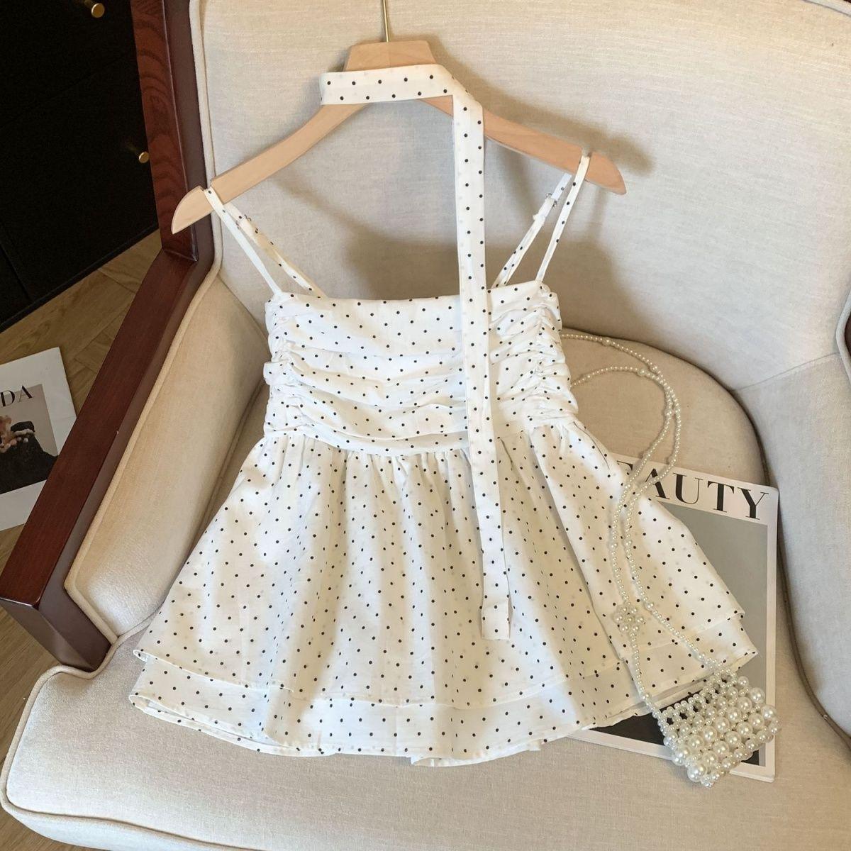 Spicy Girl Polka Dot Sleeveless Camisole - Slimming Ribbon Crop Top (Summer 2026 Style) Small