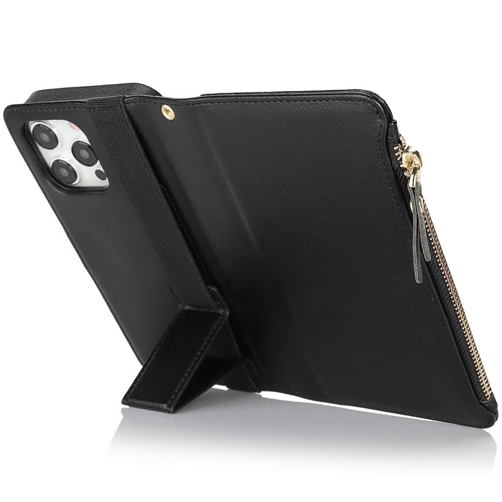 XL-001 For iPhone 15 Pro Case Zipper Pocket Wristband Stand Leather Phone Cover