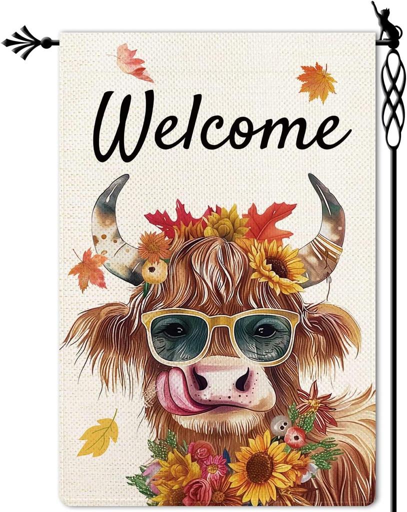 Welcome Highland Cow Garden ag Autumn Maple Leaf Garden ag Harvest Vertical Double Sided Rustic Farmland Burlap Yard Law WZZ