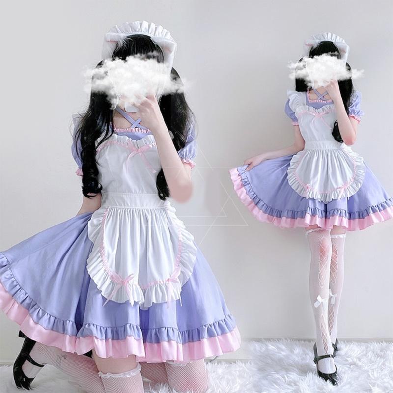 3Pcs Sweet Maid Outfit Women Anime Maid Costume Fancy Dress Cosplays Costume Maid Dress with Headwear Apron