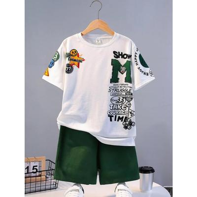 Summer Kids' Suit Boys' Loose Casual Crewneck Patterned Short-sleeved T-shirt and Shorts Comfortable Cool Tracksuit
