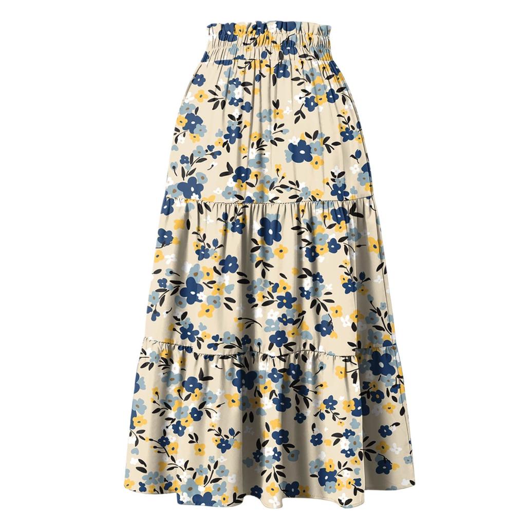 Damenmode Blumenmuster Blumendruck Kordelzug Elastische Taille Lässiger lockerer Halbkörperrock ohne Taschen