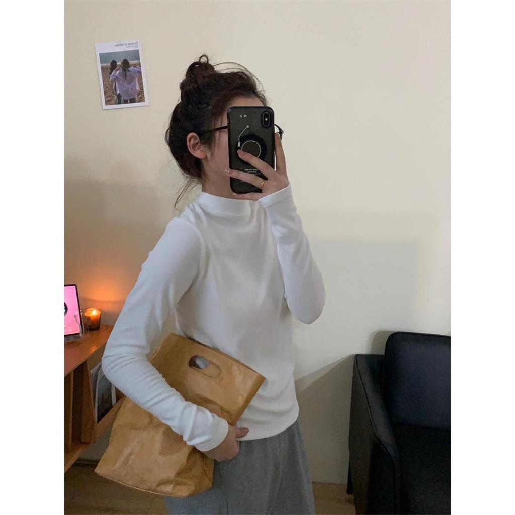 Women's White Cashmere Slim-Fit Long-Sleeve T-Shirt with Stand-Up Collar - Autumn/Winter Velvet-Brushed Solid Color Top