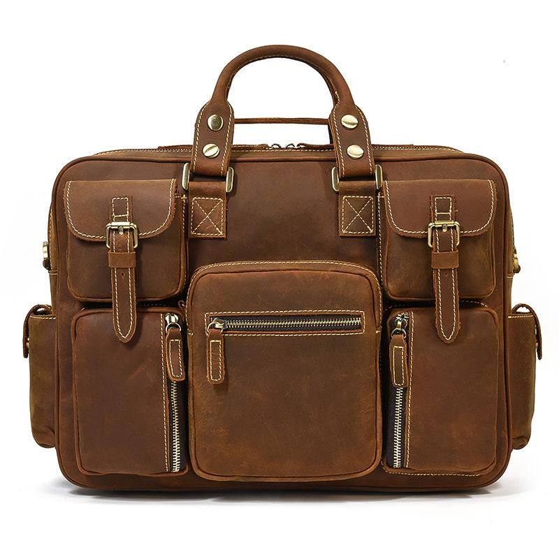 Vintage Men'S Briefcase Crazy Horse Leather Large-Capacity Handbag, Genuine Leather Shoulder Messenger Bag, Commuter Computer Bag To Work