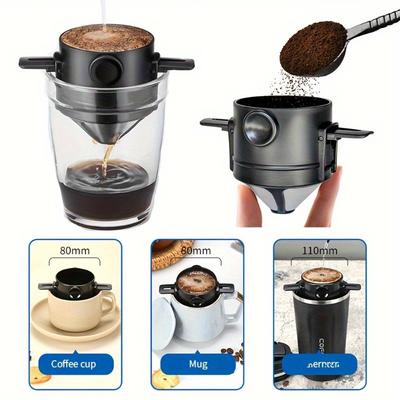 Portable Hand-brewed Coffee Filter Cup Stainless Steel Folding Ear Filter Drip-free Coffee Filter Cup with Bottom Tray