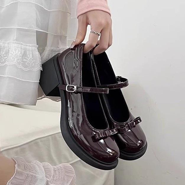 French bow Mary Jane shoes spring new retro thick sole height increase and thin jk small leather shoes