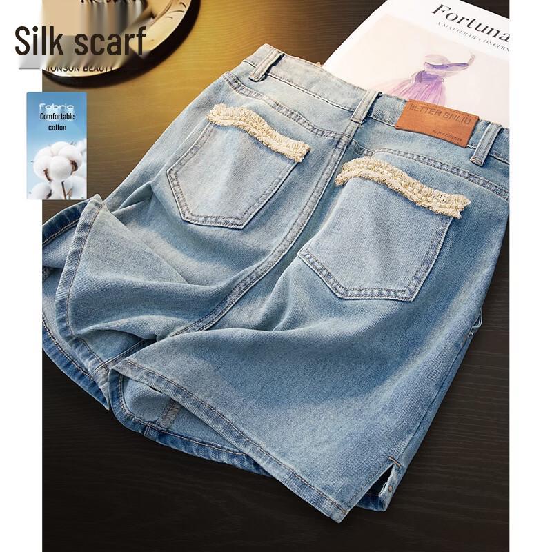 Women s Casual High-Waisted Washed Denim Shorts L