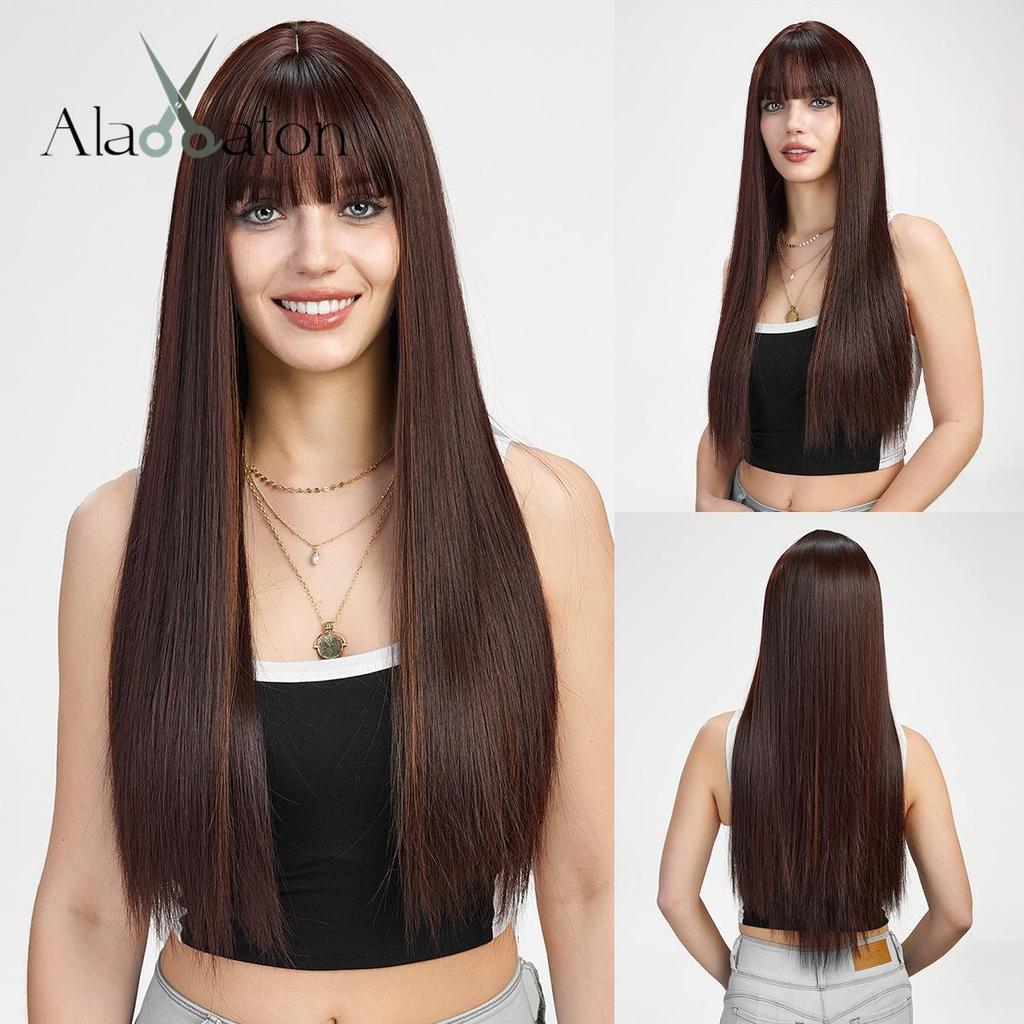 ALAN EATON Women's Black Wigs Long Straight Synthetic Wigs with Bangs Daily Party Cosplay Heat Resistant Fiber Smooth Natural