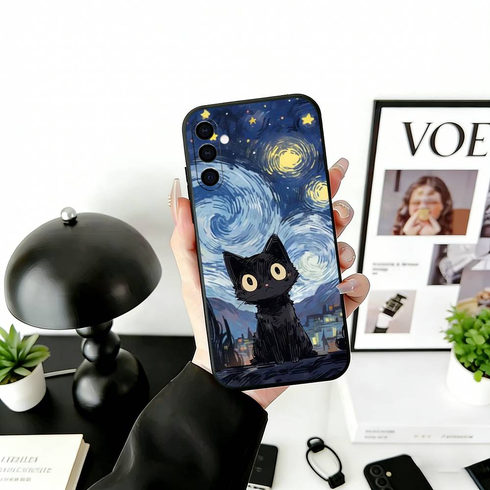 Cute Black Cat Illustration Phone Case For Samsung Galaxy A73,A72,A71,A70,A53,A52,A51,Soft Silicone Black Cover